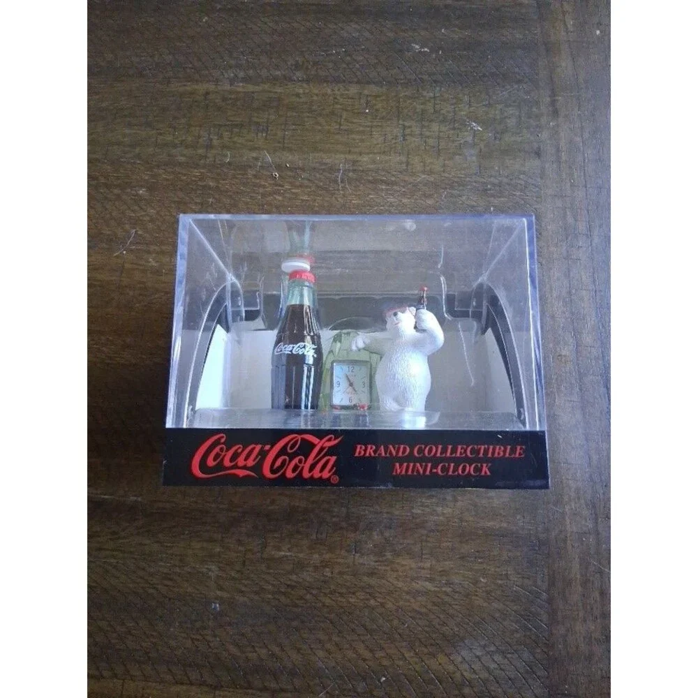 Coca Cola Collectable Mini Clock Bear w/ Coke Bottles in Plastic Case